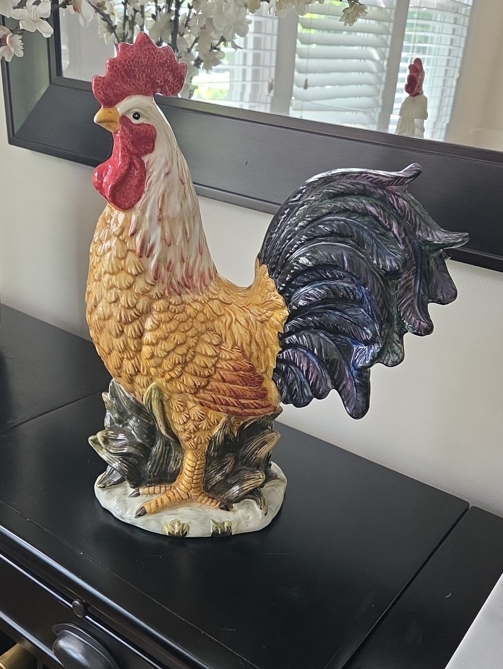 Hand-Painted Ceramic Rooster Figurine in Yellow and Iridescent Tail